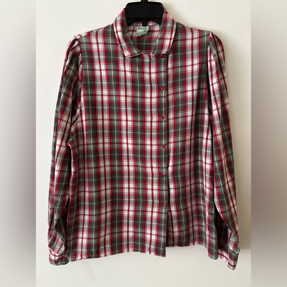 Wrangler Vintage Red White and Gray Plaid Side Snap Button Down Shirt medium